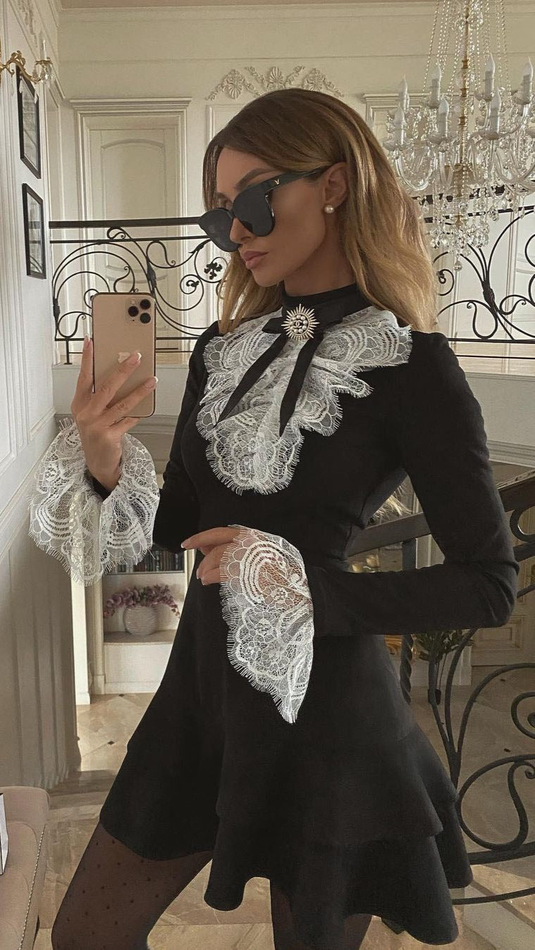 All the Frills Black Mini Dress with Diamontee Brooch