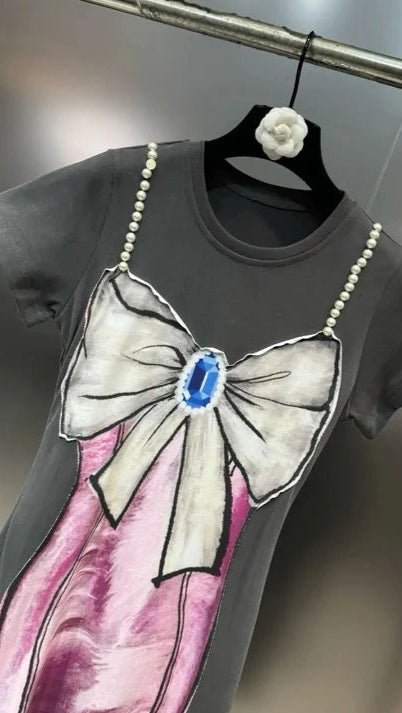 Pearls & Bow Distressed Print Maxi T-Shirt Dress