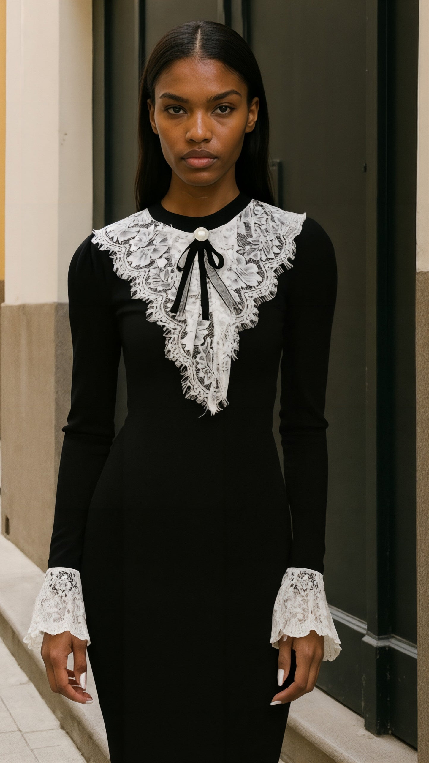 All the Frills Black Midi Dress with Diamontee Brooch