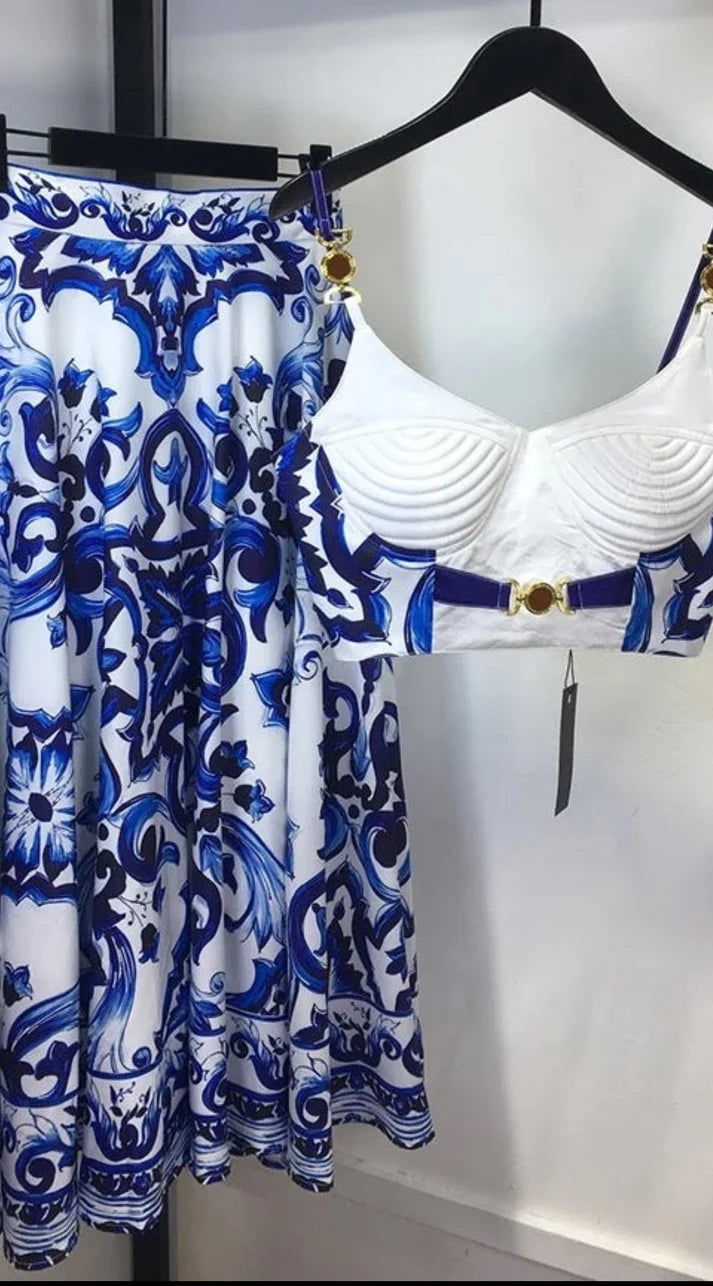Tile Print Bralette & Skirt - comes in Blue & Red