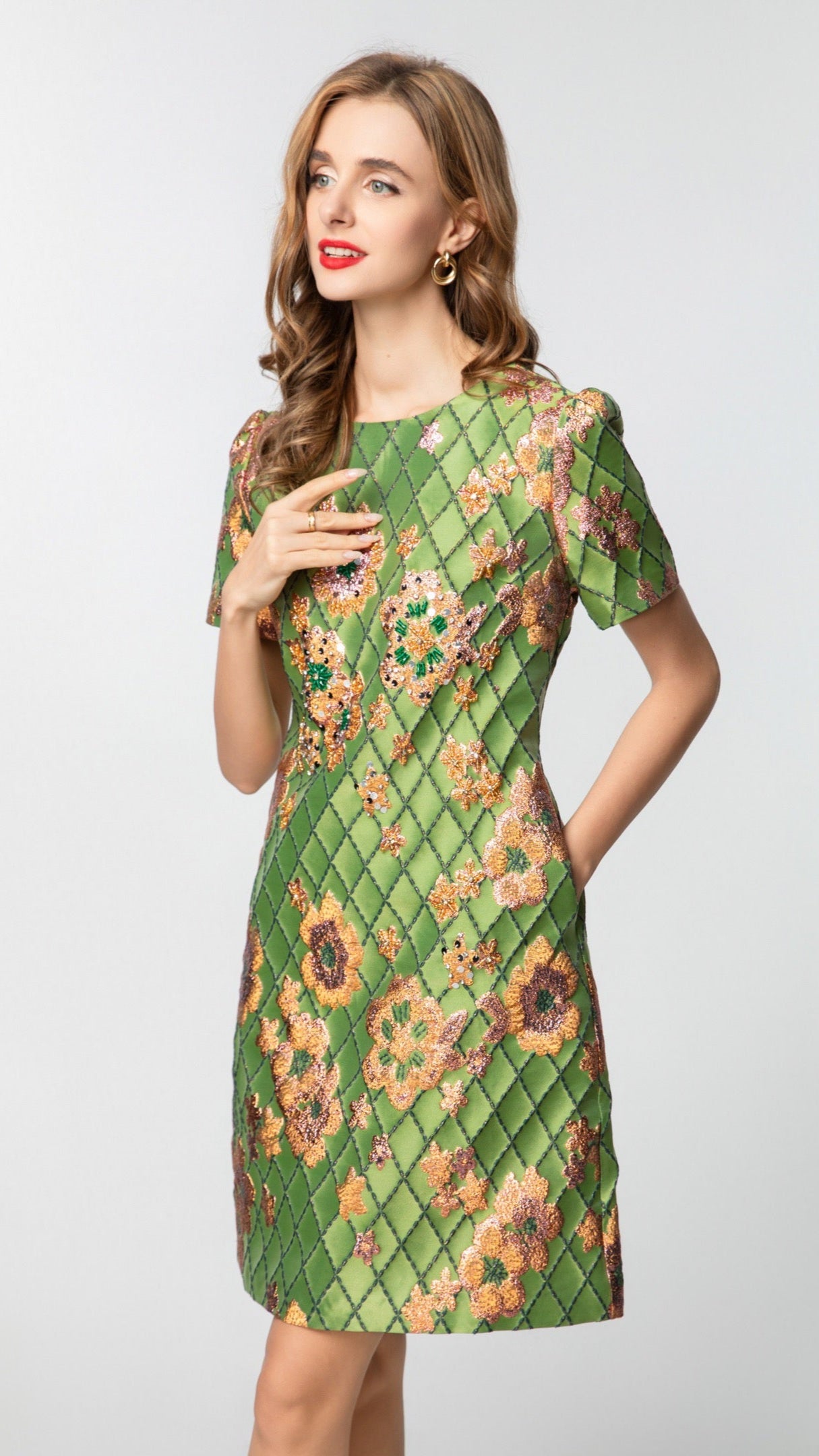 Green Envy Jacquard Embellished / Sequin Mini Dress