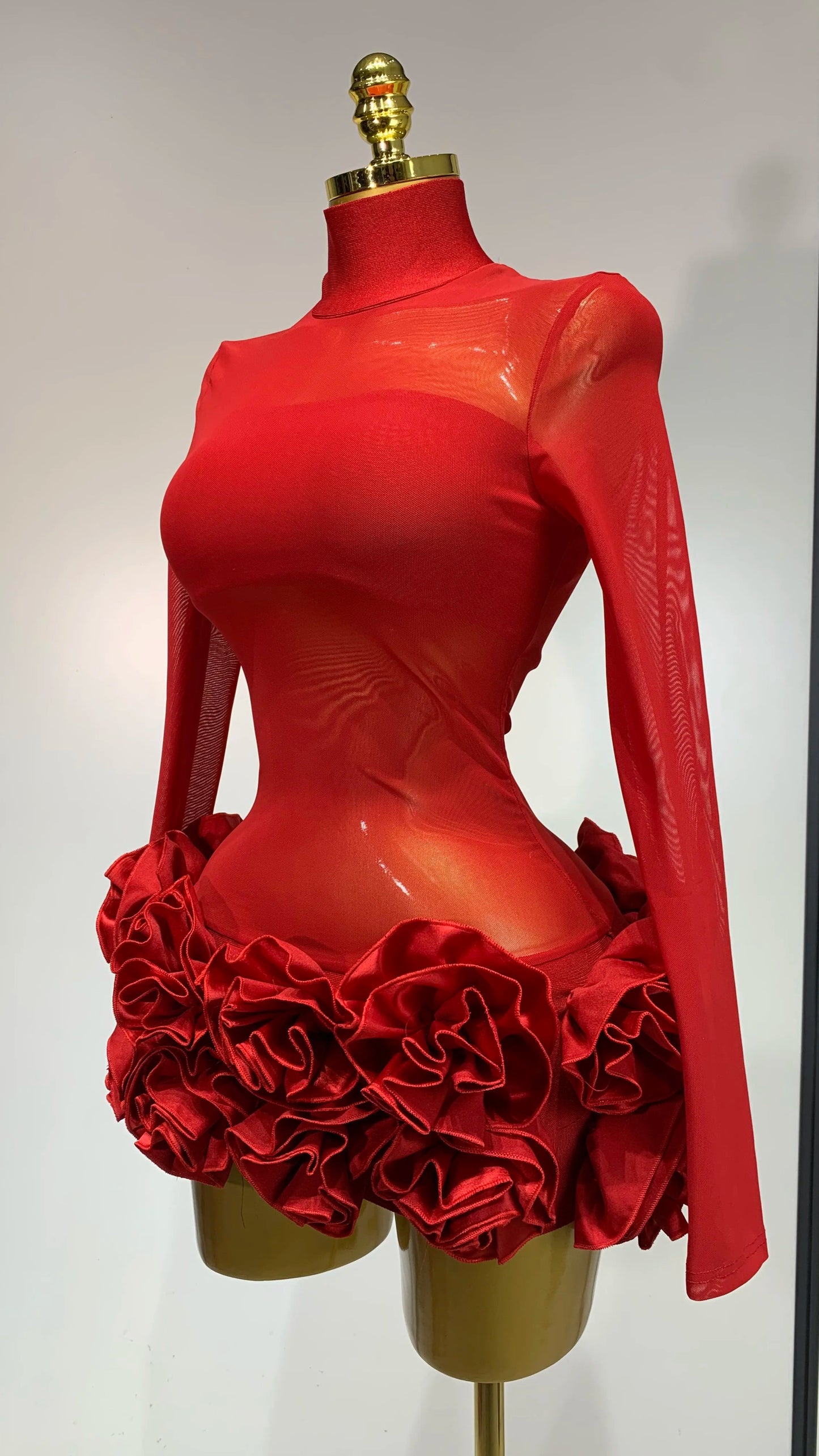 Mesh See through Stereoscopic Flowers Mini Bandage Dress - comes in Red or White