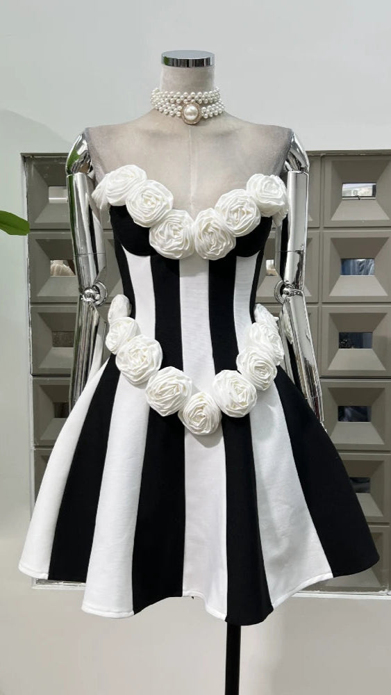 Check Mate Strapless Stripe Bandage Mini Dress