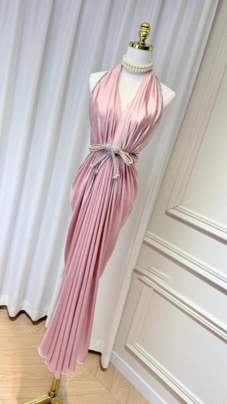Elegant Blush Pleated Dress with Crystal Belt