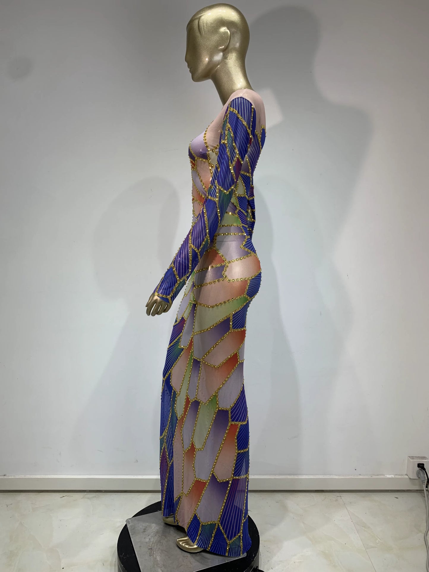 Starlight Express Rhinestones Mesh See Through Maxi Dress