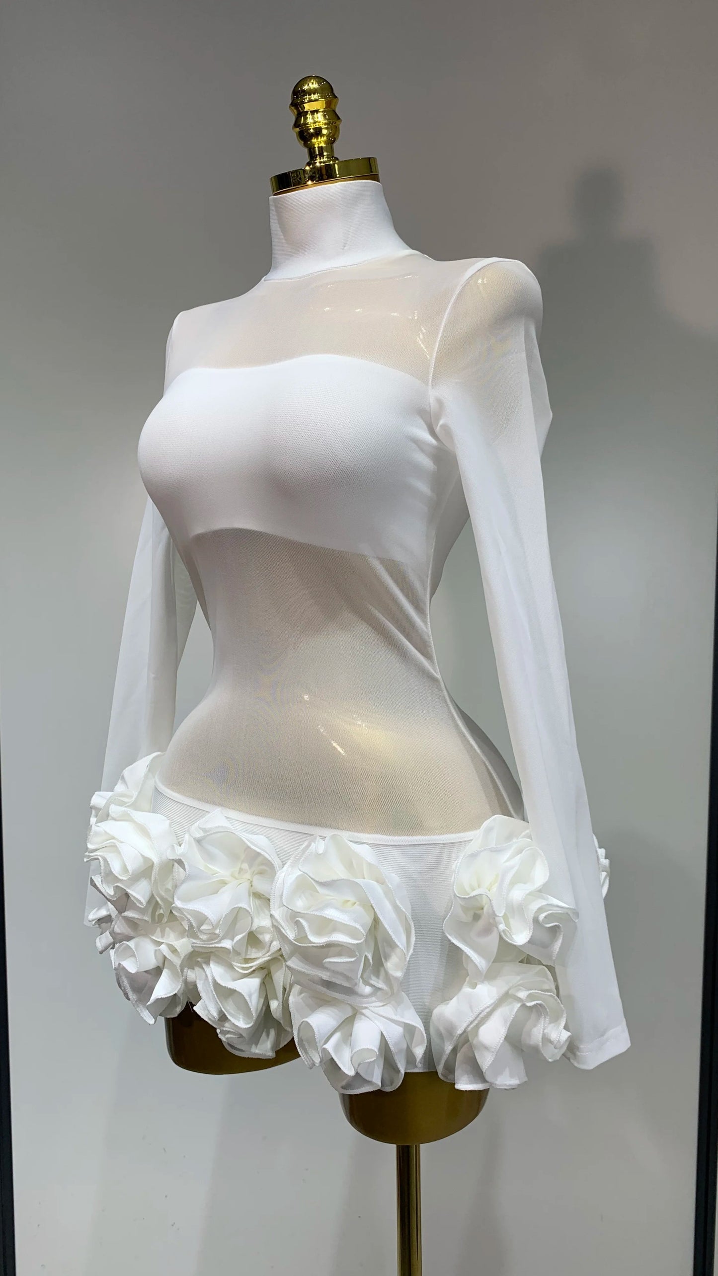Mesh See through Stereoscopic Flowers Mini Bandage Dress - comes in Red or White