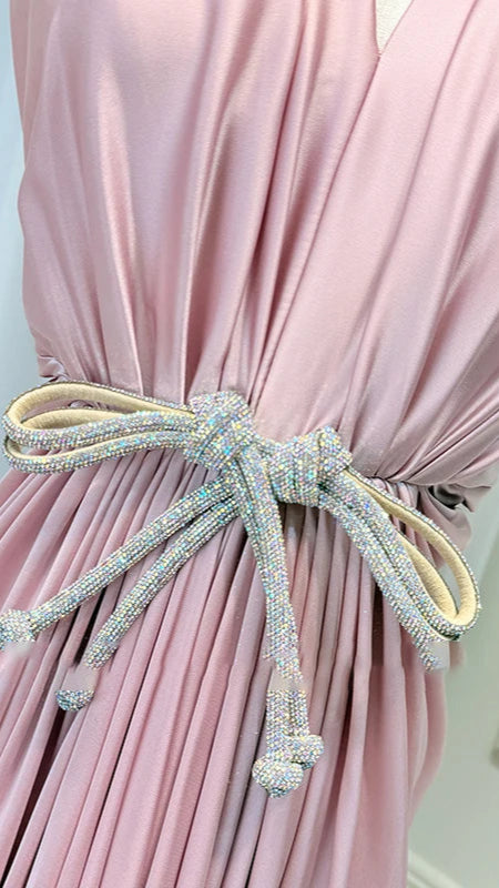 Elegant Blush Pleated Dress with Crystal Belt