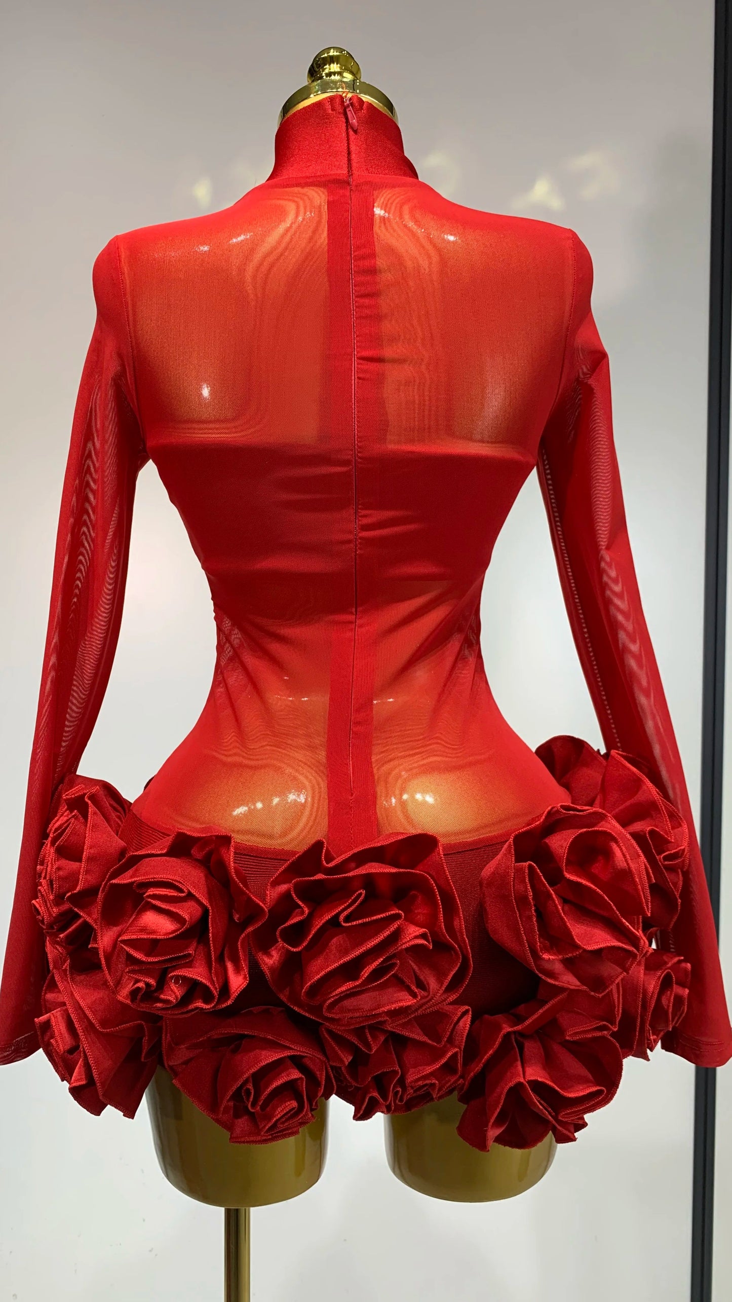 Mesh See through Stereoscopic Flowers Mini Bandage Dress - comes in Red or White