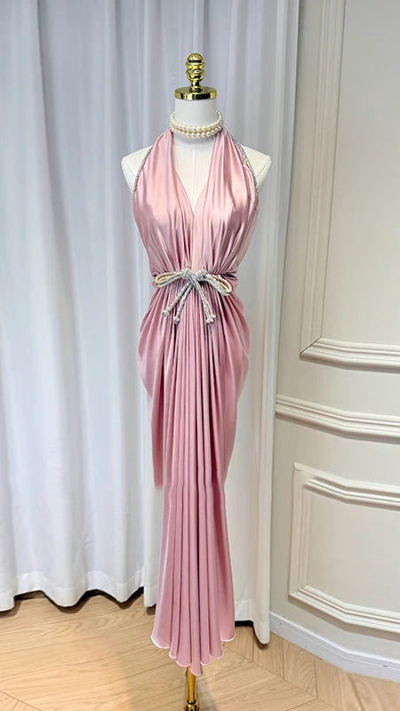 Elegant Blush Pleated Dress with Crystal Belt