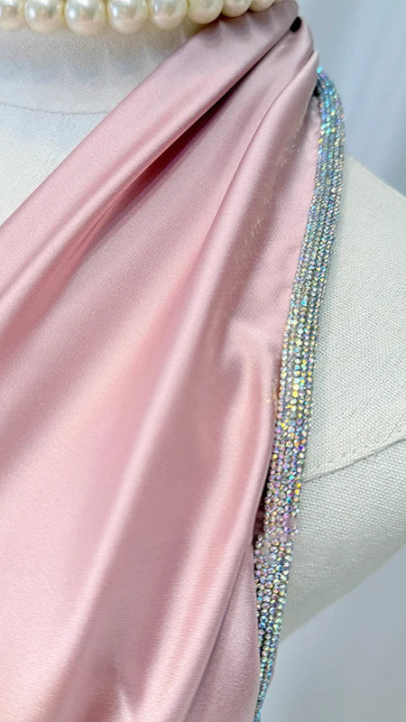Elegant Blush Pleated Dress with Crystal Belt
