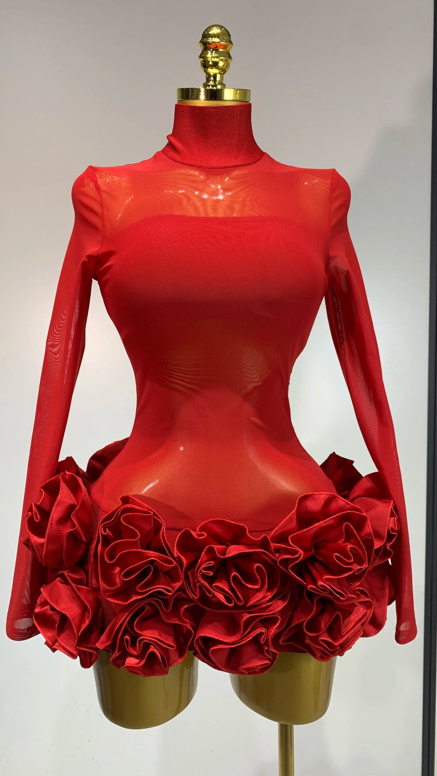 Mesh See through Stereoscopic Flowers Mini Bandage Dress - comes in Red or White