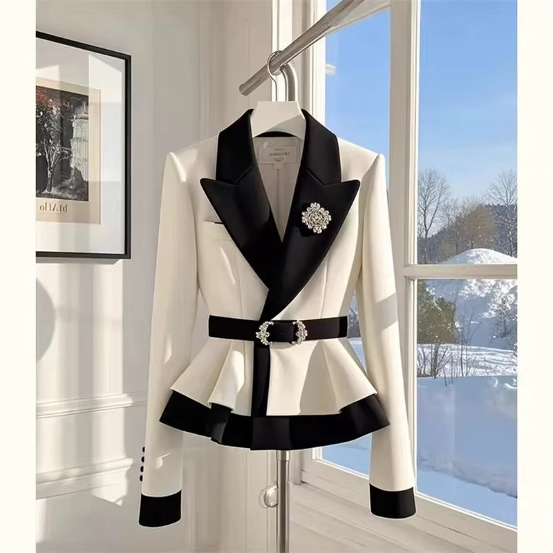 Chic elegance Timeless Black & White Peplum Blazer with Brooch & Belt