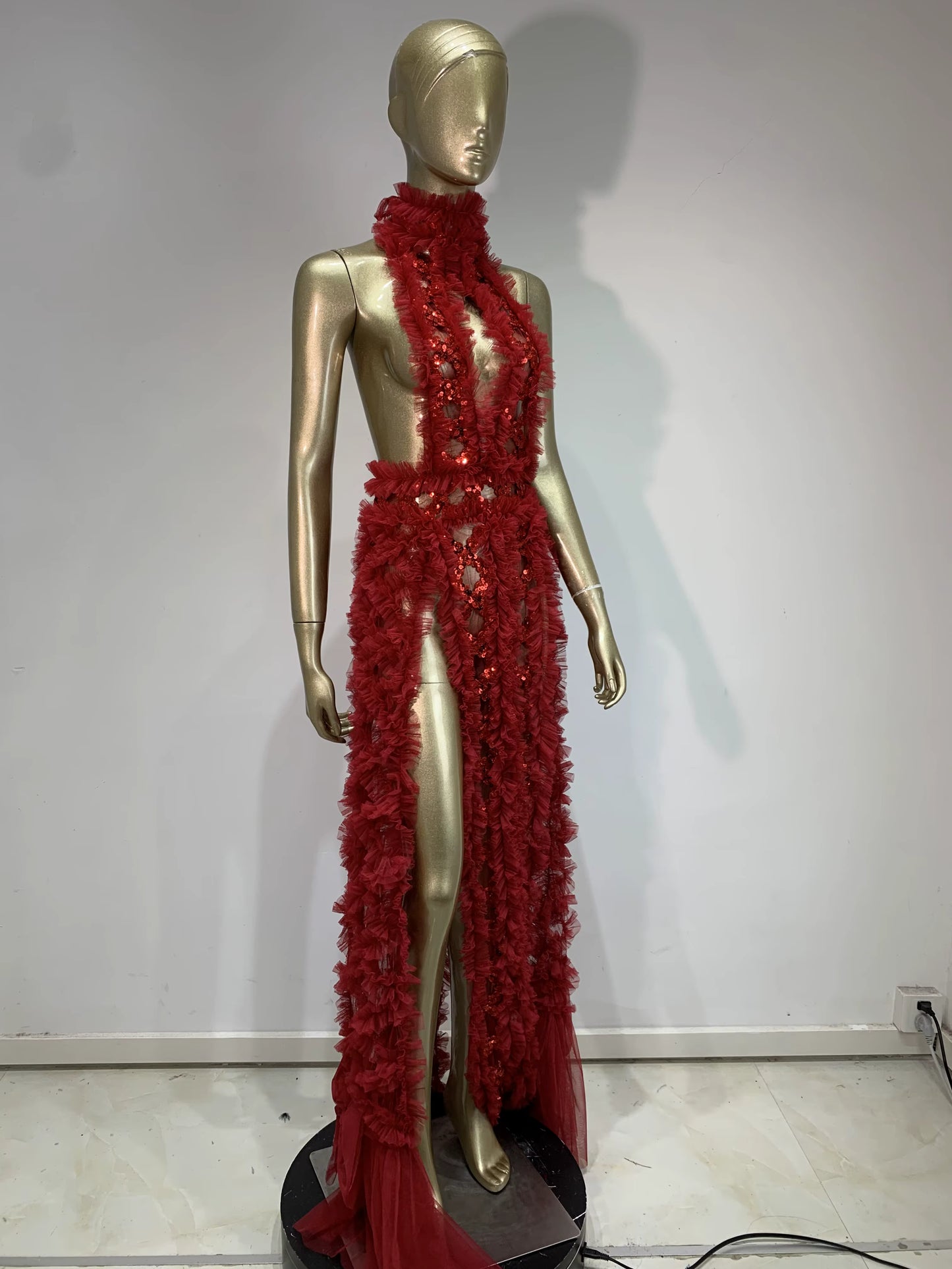 Red Velvet Backless Sequin Dress