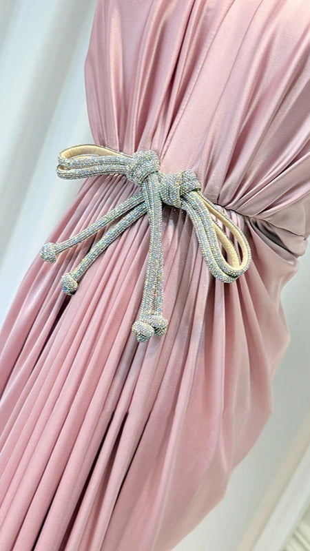 Elegant Blush Pleated Dress with Crystal Belt