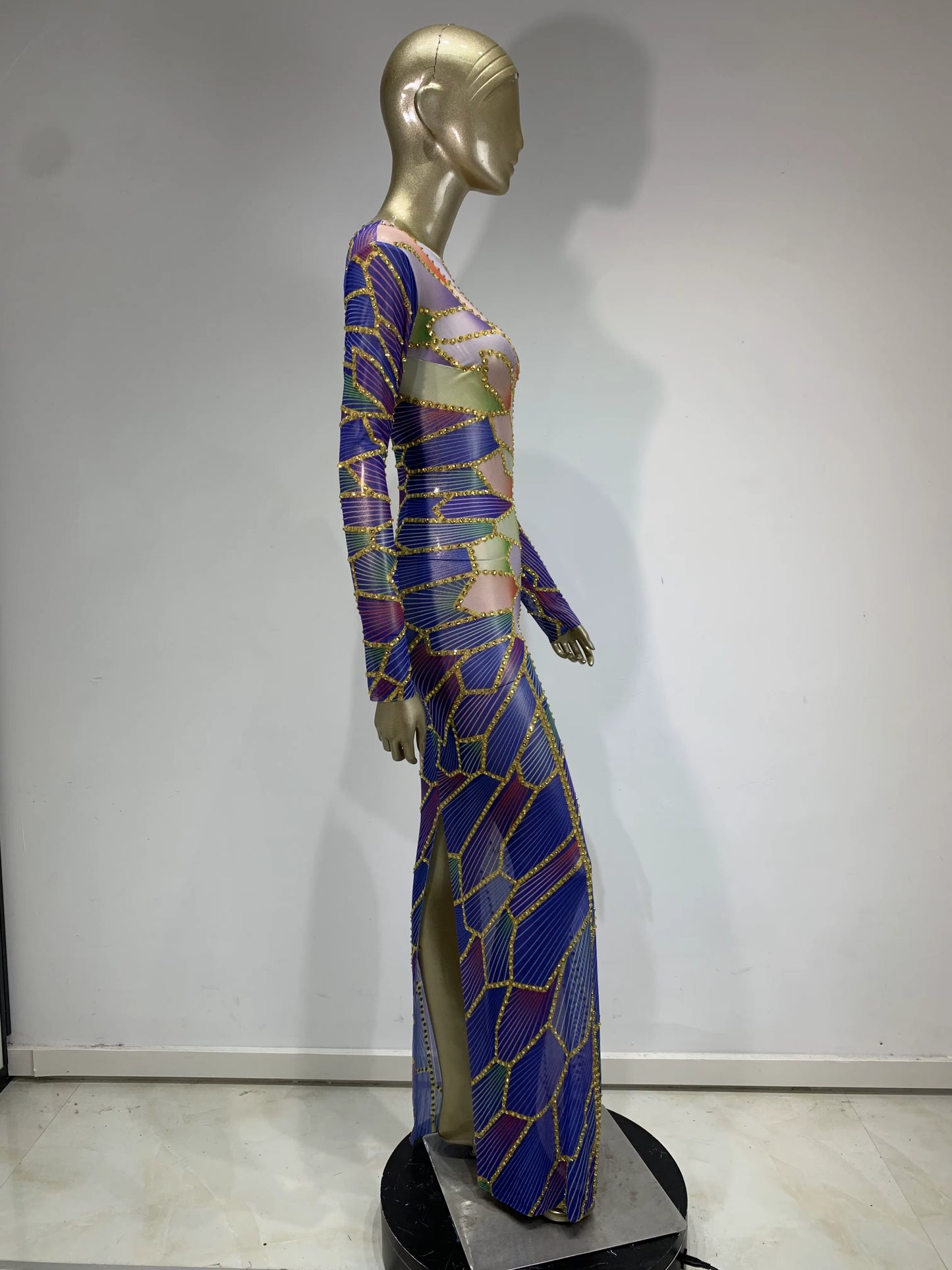 Starlight Express Rhinestones Mesh See Through Maxi Dress