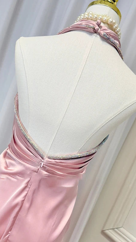 Elegant Blush Pleated Dress with Crystal Belt