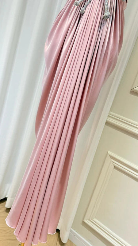 Elegant Blush Pleated Dress with Crystal Belt