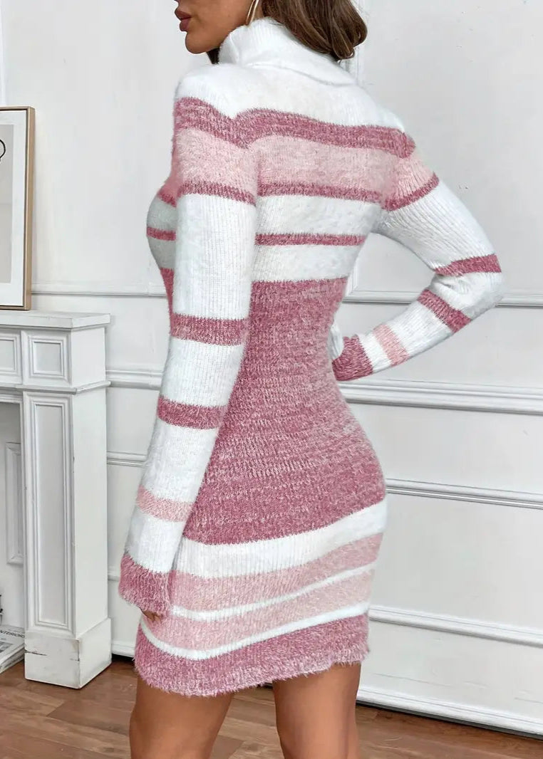 Pink & White Knitted Roll Neck Dress