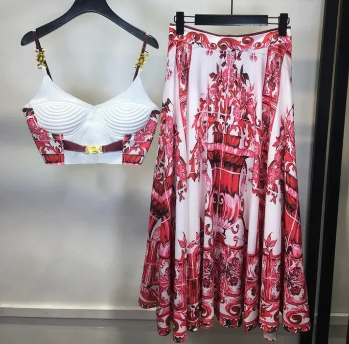 Tile Print Bralette & Skirt - comes in Blue & Red