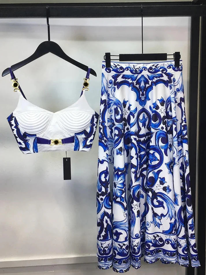 Tile Print Bralette & Skirt - comes in Blue & Red