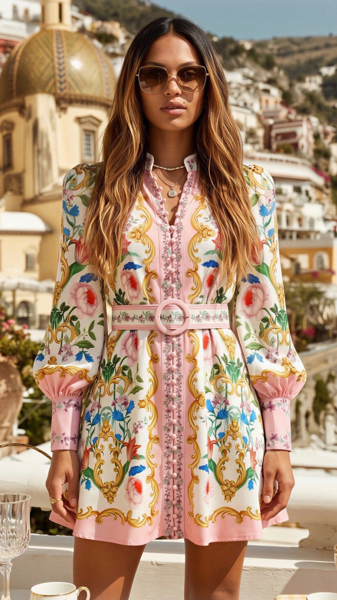 Sun-kissed Elegance Floral Print Button-Up Mini Dress with Statement Belt - comes in pink or blue