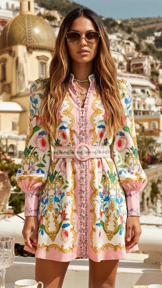 Sun-kissed Elegance Floral Print Button-Up Mini Dress with Statement Belt - comes in pink or blue