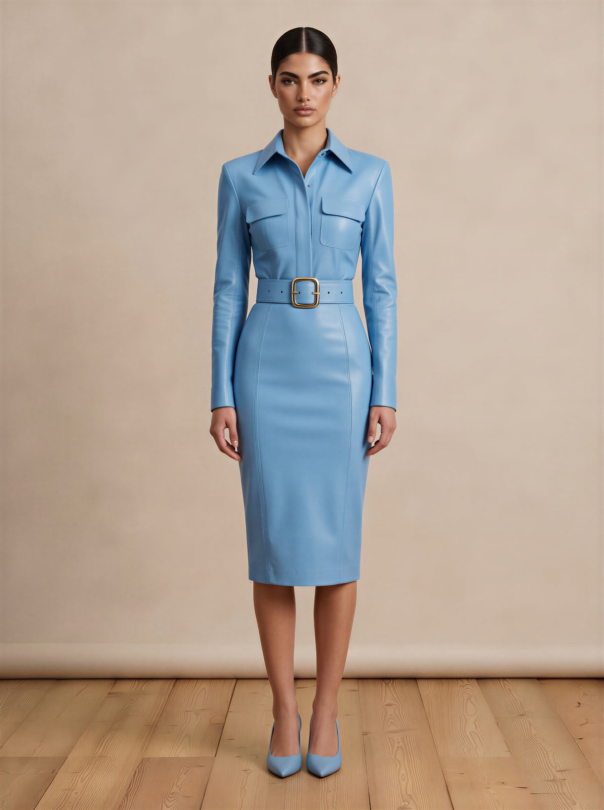 Ocean Breeze PU Leather Midi Dress With Belt