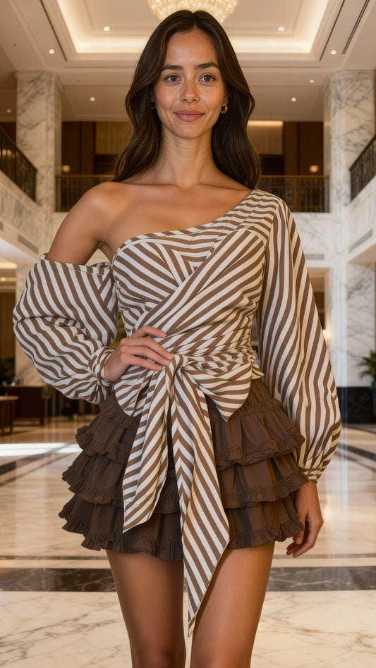Chic Striped Hybrid Top with Ruffled Skirt (with shorts)