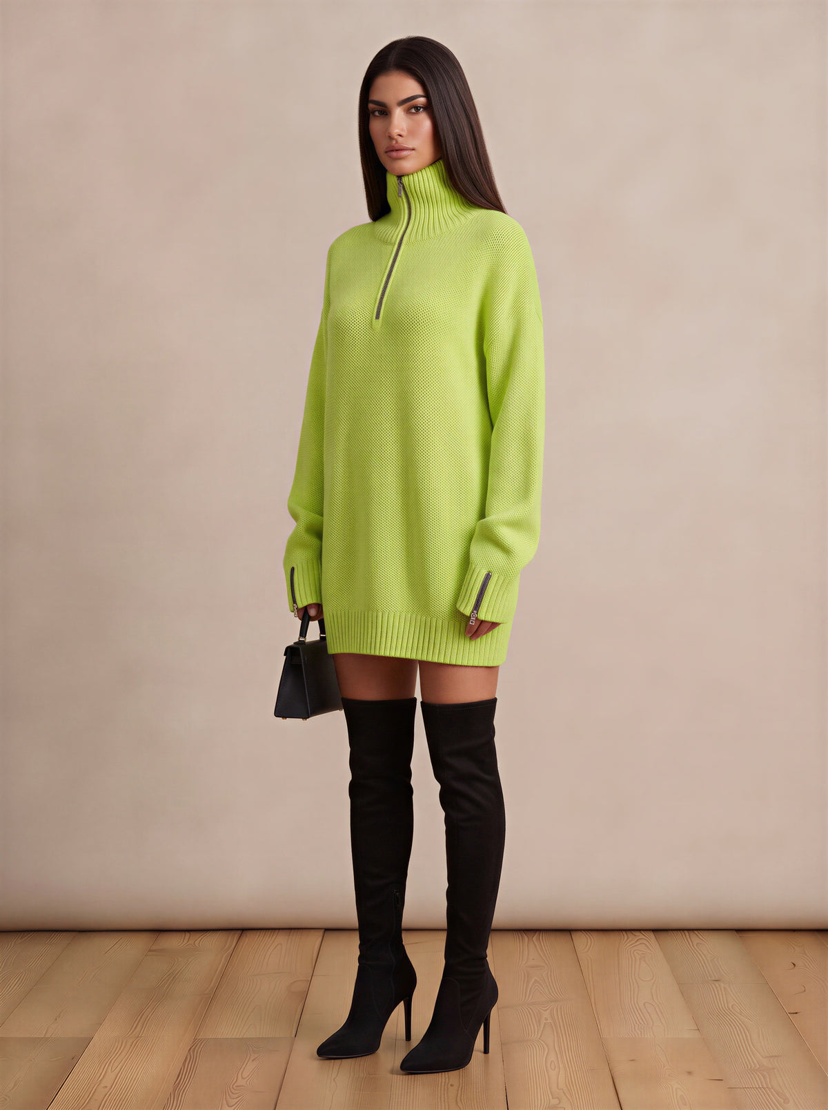 Fluorescent Green Half-Zip High Sweater Dress
