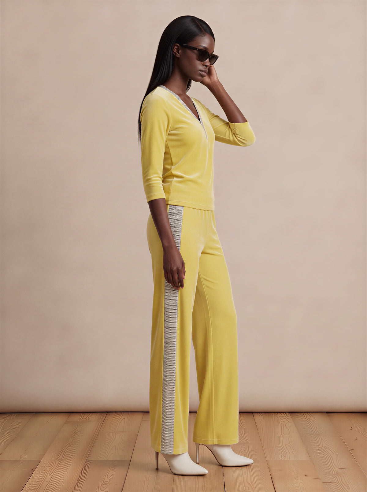 Yellow Velvet Top & Wide Leg Drawstring Waist Pants