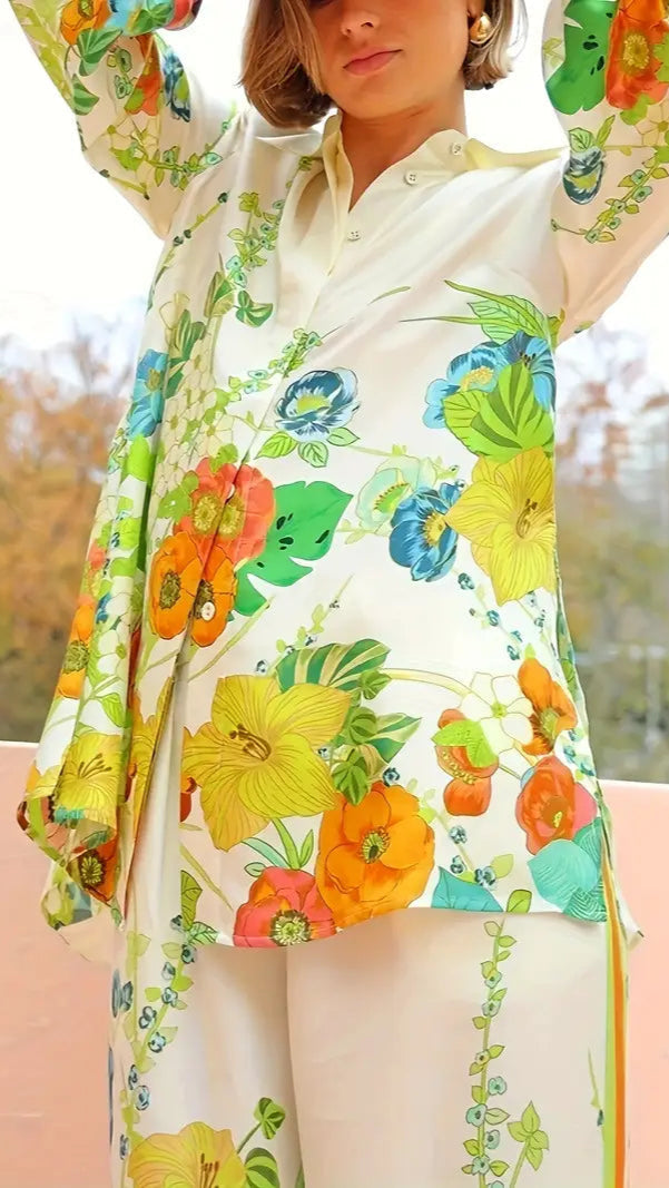 Chic Floral Floral Print Shirt & Wide-Leg Pants Two Piece Set