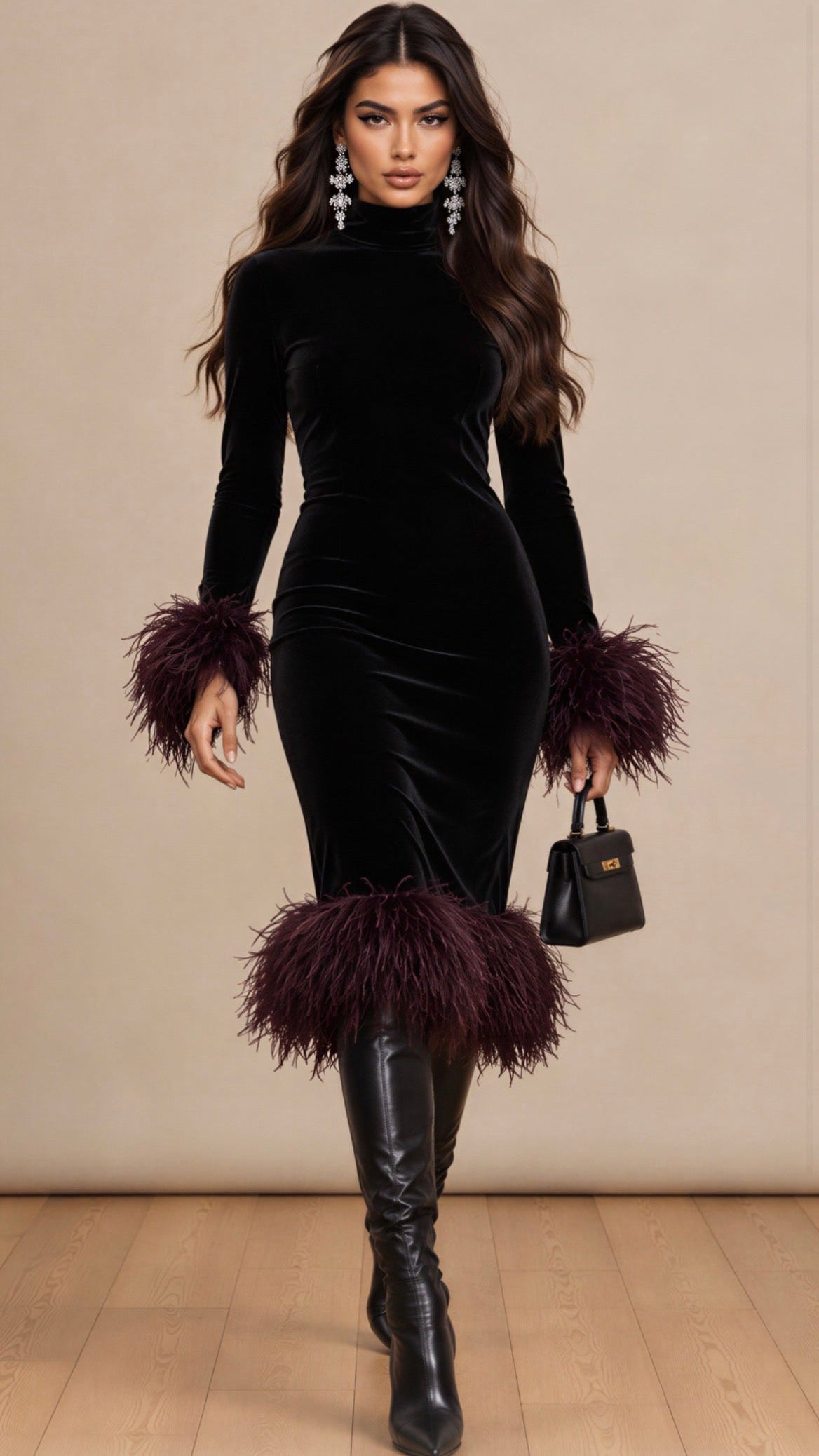 The Nocturne Feather-Cuff Velvet Midi Dress