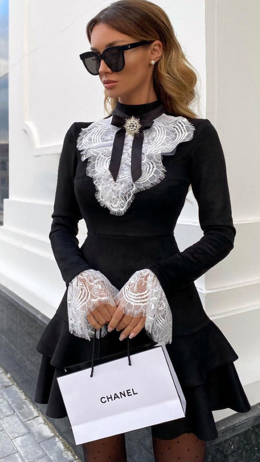 All the Frills Black Mini Dress with Diamontee Brooch