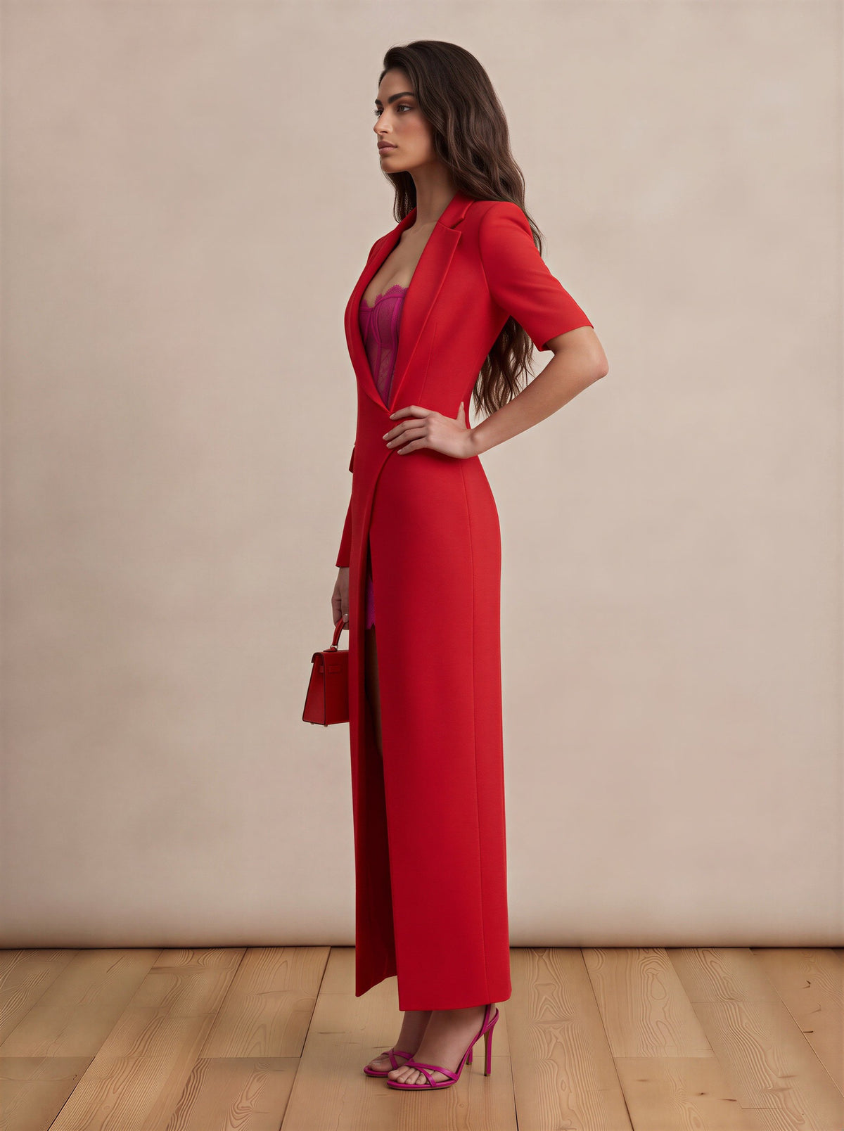 Ravishing Red & Fuchsia Tailored Temptation Maxi Dress with Lace Inserts and Slit