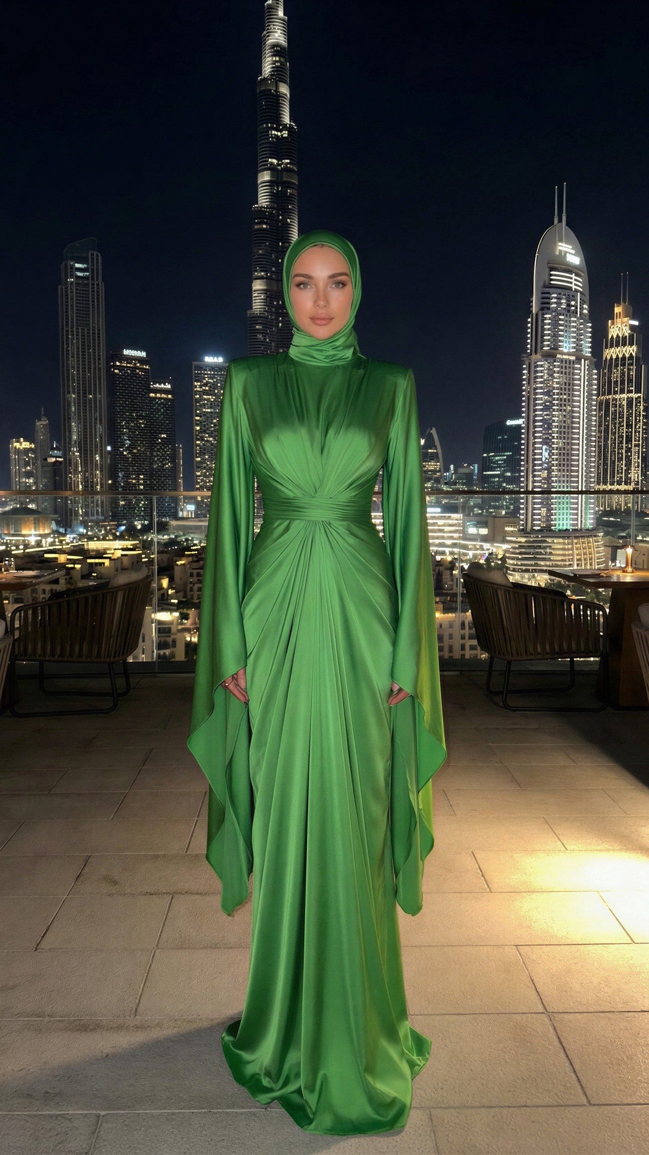 Green Goddess Maxi Dress with Head Scarf