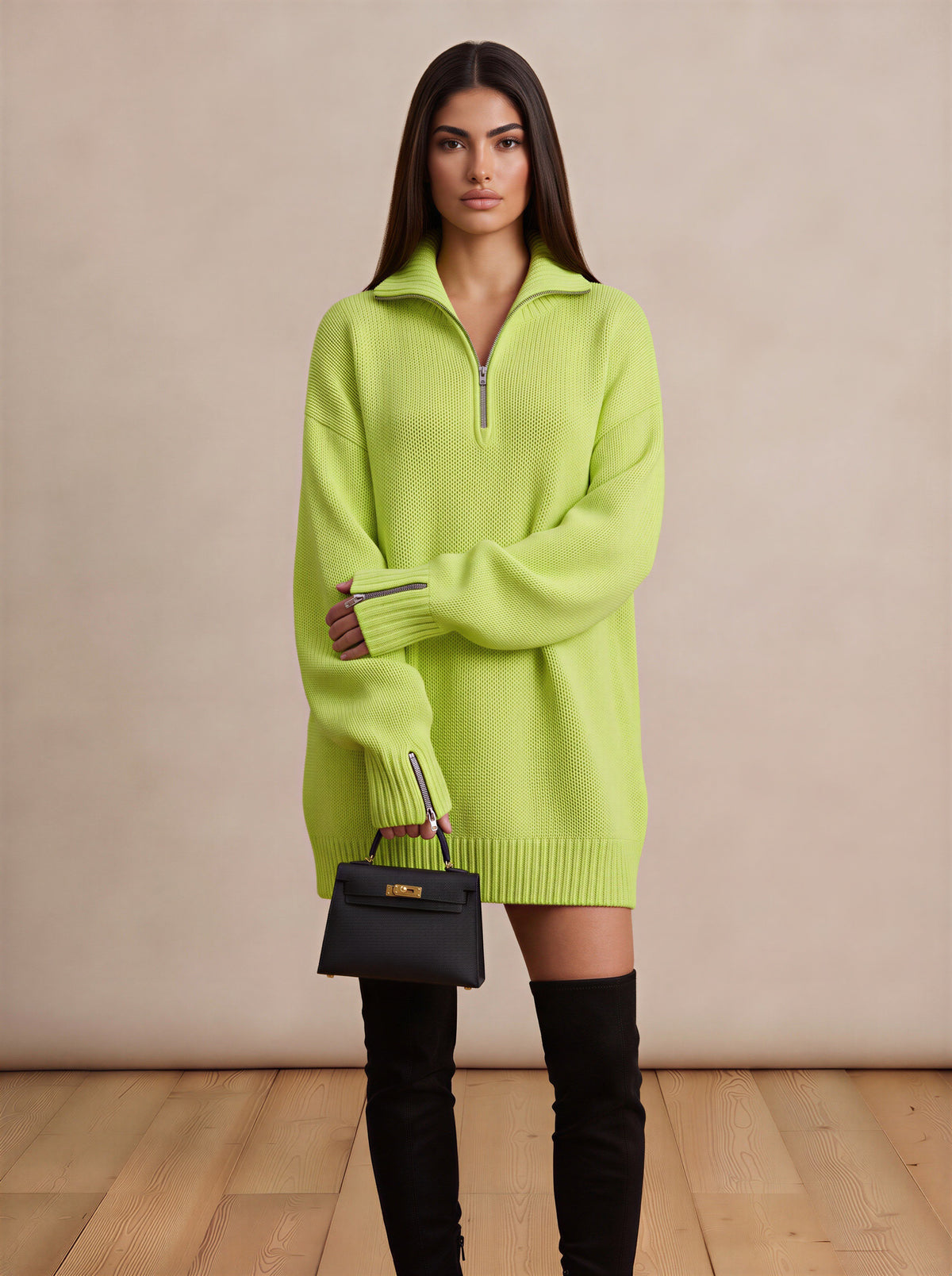 Fluorescent Green Half-Zip High Sweater Dress