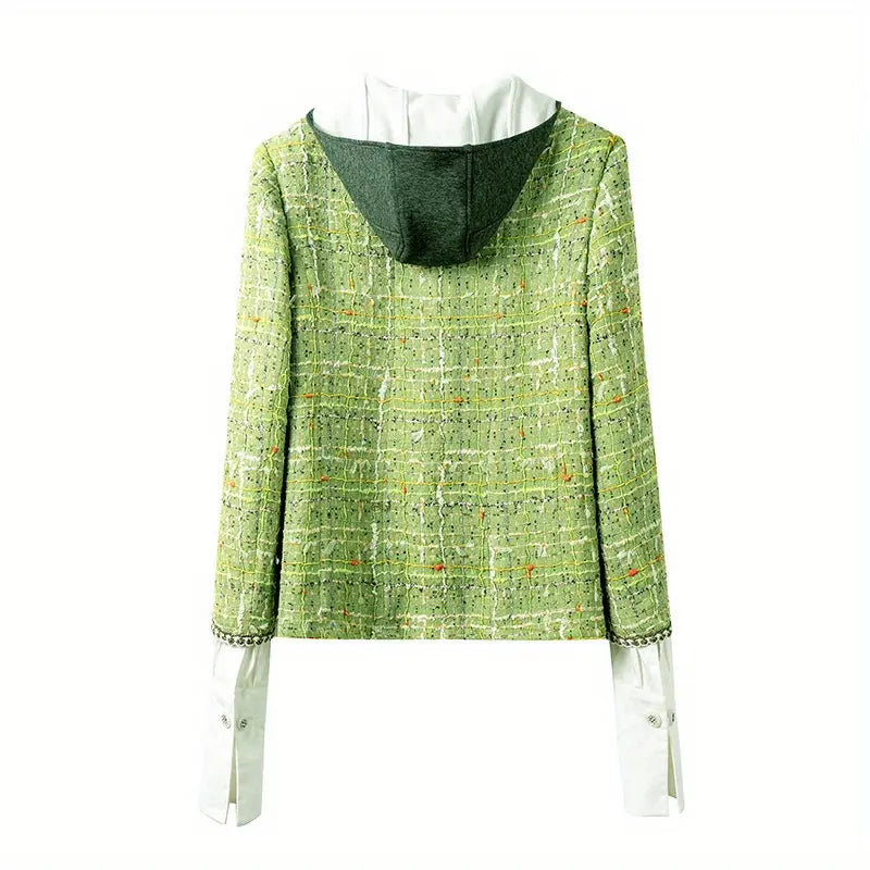 Green Plaid Tweed Jacket with Detachable Hood Coat & Diamontee Buttons