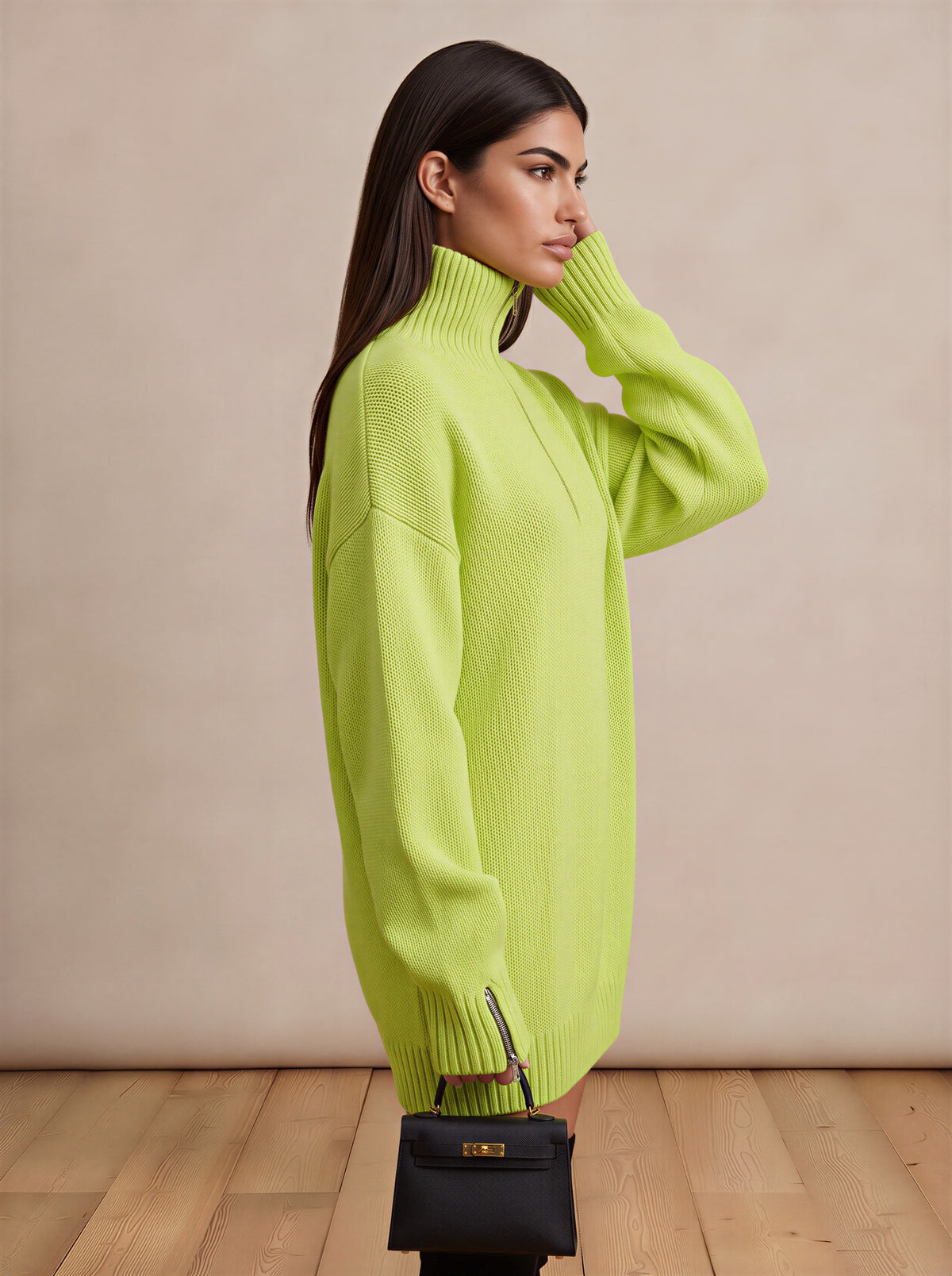 Fluorescent Green Half-Zip High Sweater Dress