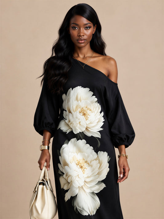 Ivory Bloom One-Shoulder Maxi Dress