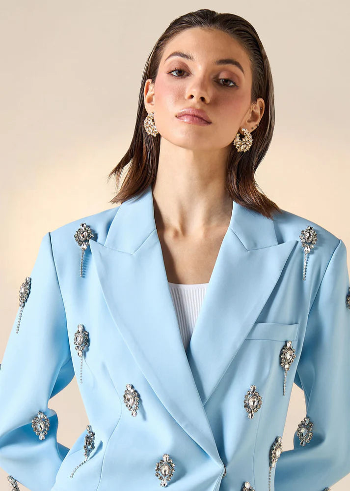 Diamonds Feather Lapel Flare Trousers Suit - Comes in Blue or Pink