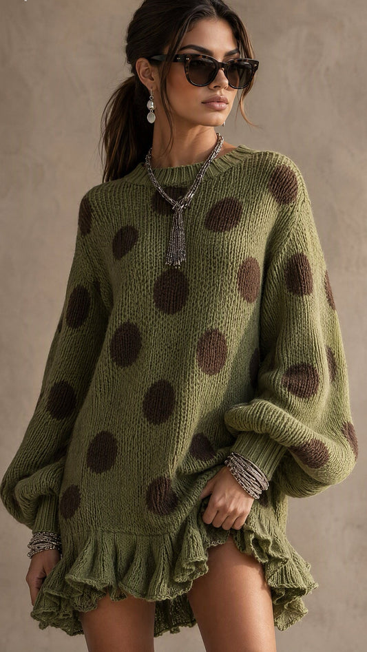 The Olive Dot Ruffle Knit Sweater Dress