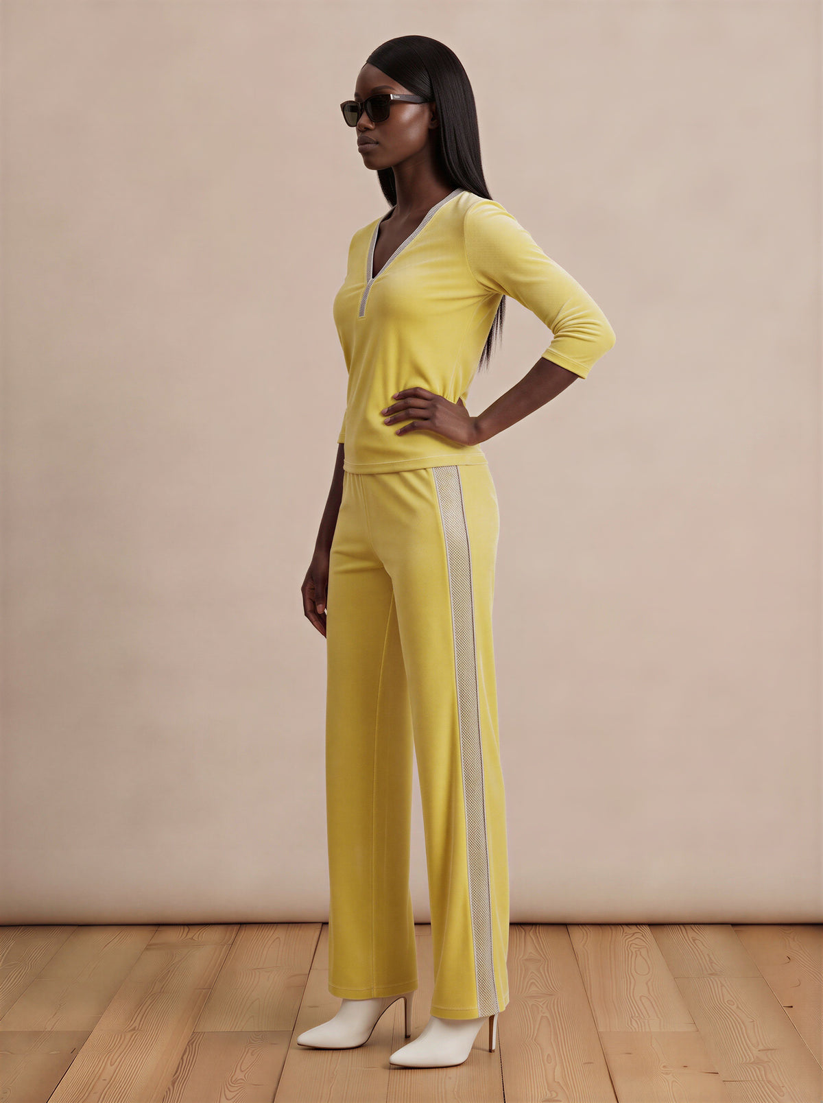 Yellow Velvet Top & Wide Leg Drawstring Waist Pants