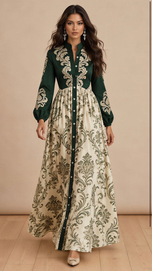 Evergreen Baroque Button-Front Maxi Dress