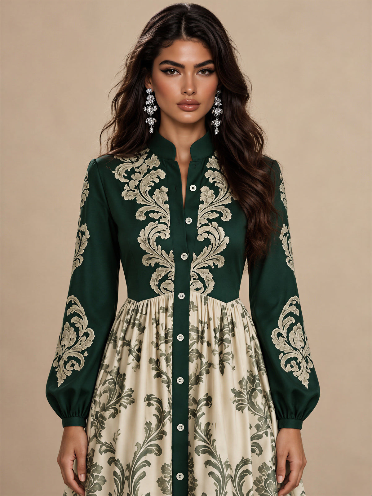 Evergreen Baroque Button-Front Maxi Dress