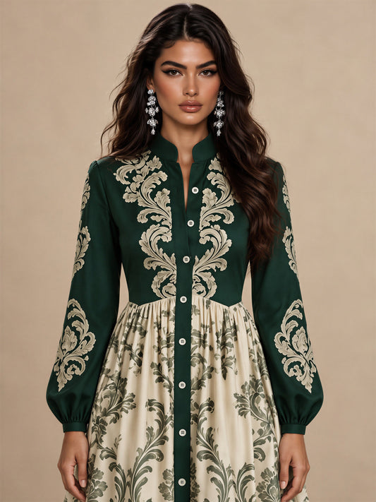 Evergreen Baroque Button-Front Maxi Dress