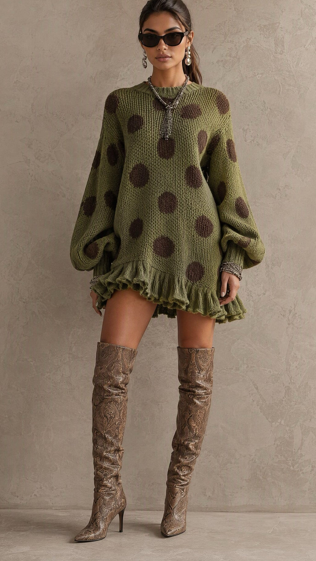 The Olive Dot Ruffle Knit Sweater Dress