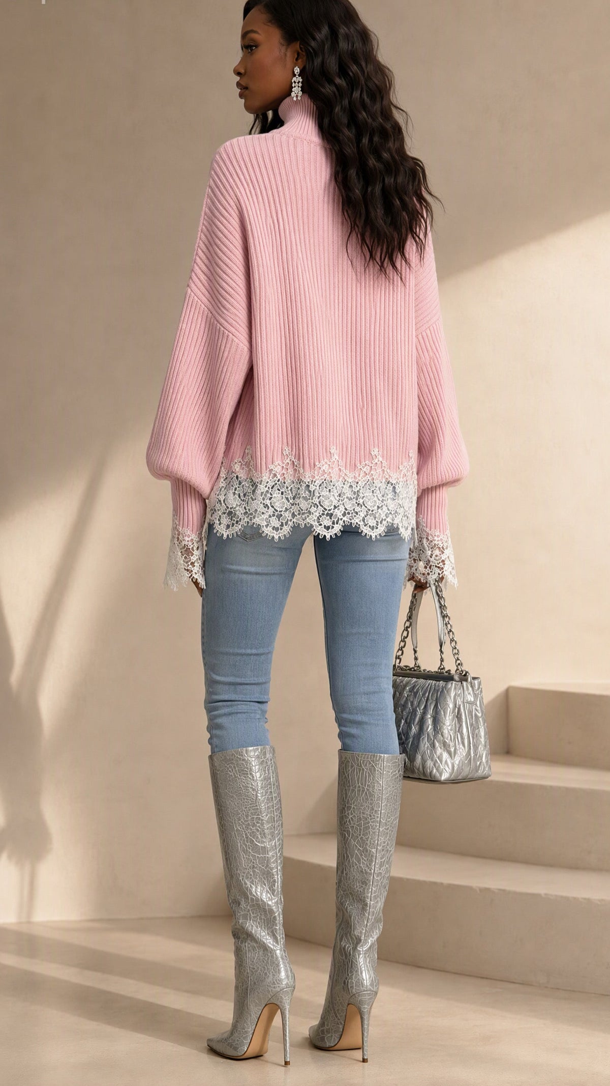 The Rosalie Lace-Trim Pink Knit Jumper
