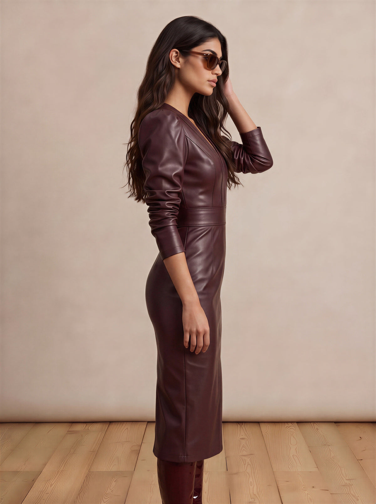 Midnight Muse Burgundy PU Leather MIDI Dress