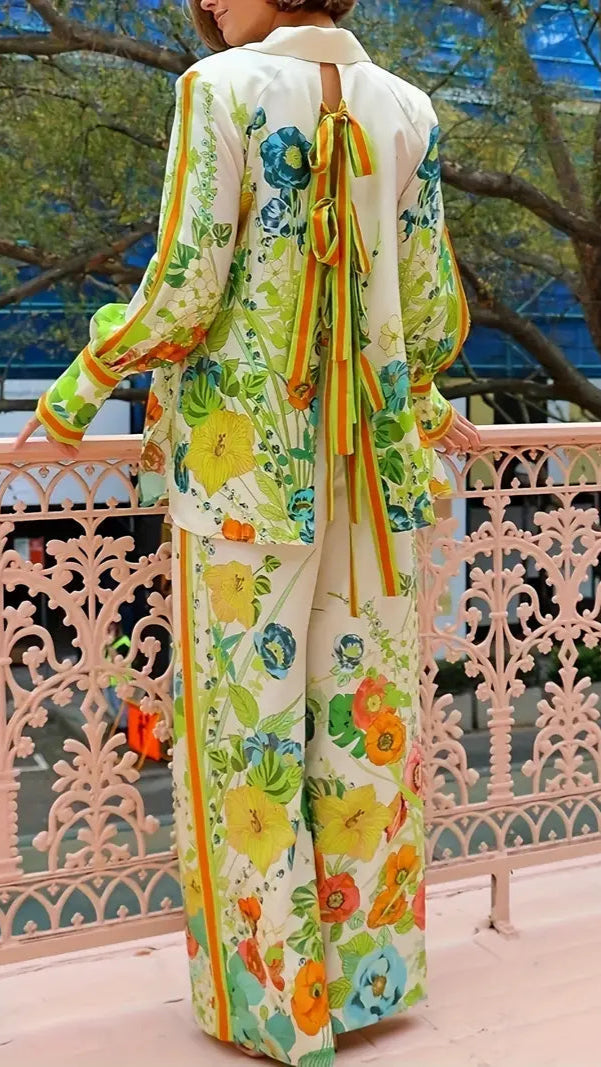 Chic Floral Floral Print Shirt & Wide-Leg Pants Two Piece Set