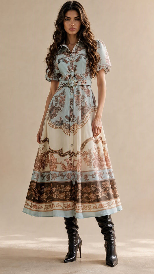 Vintage Floral Belted Midi Shirt Dress